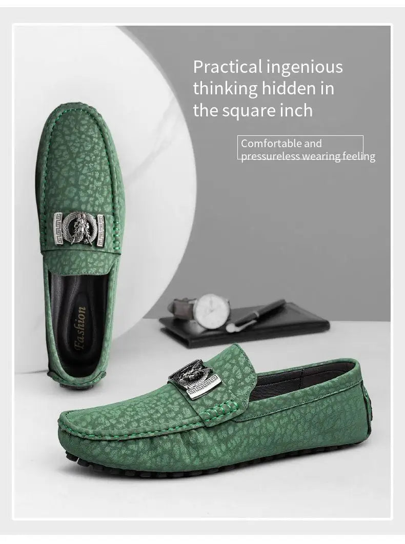 Designer Dragon Button Loafers Men's Comfortable Soft Bottom Black Fashion Flat Shoes Green Business Dress Driving Shoes for Man