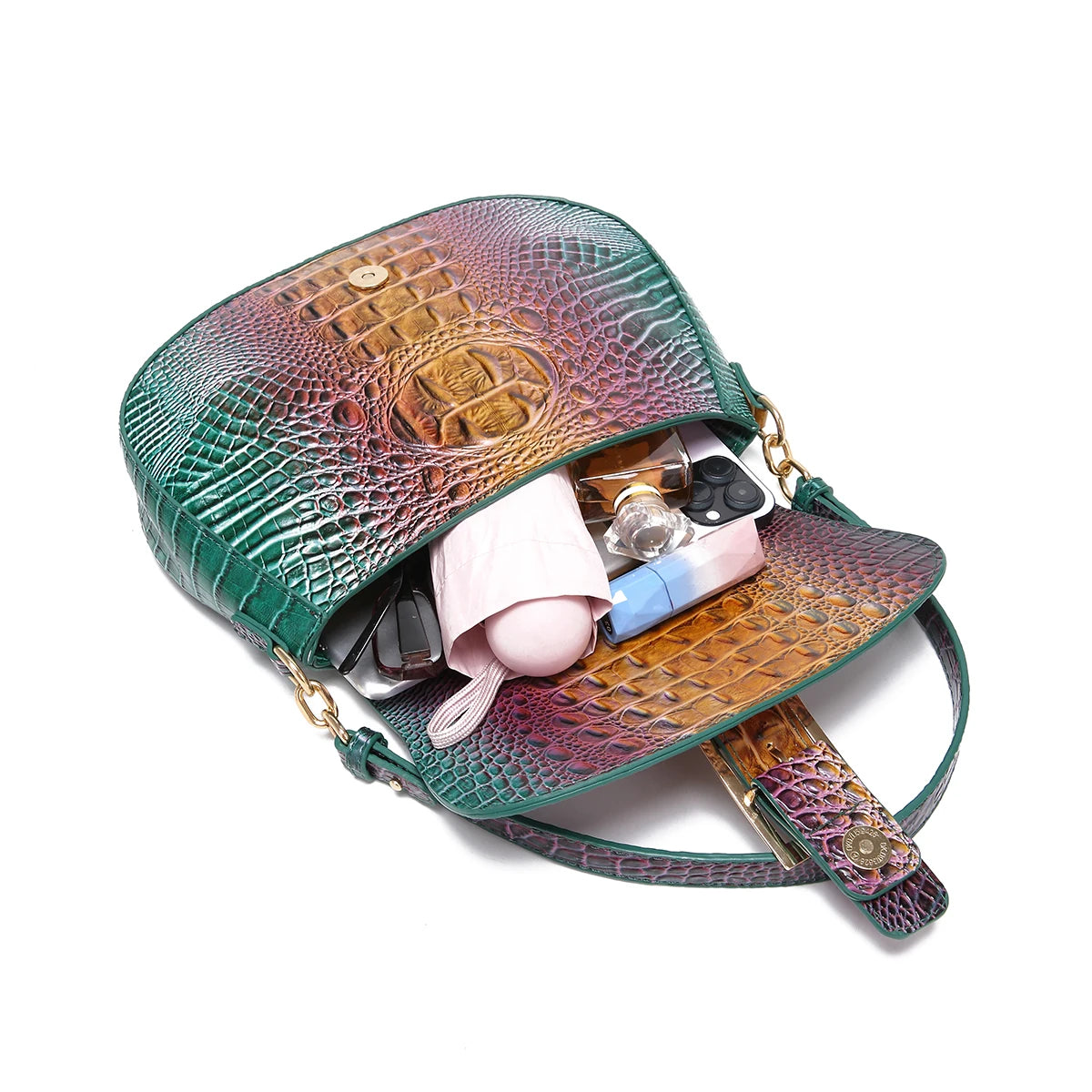 Saddle bag with large buckle and crocodile pattern, colorful underarm bag, single shoulder bag with shoulder strap and crossbody