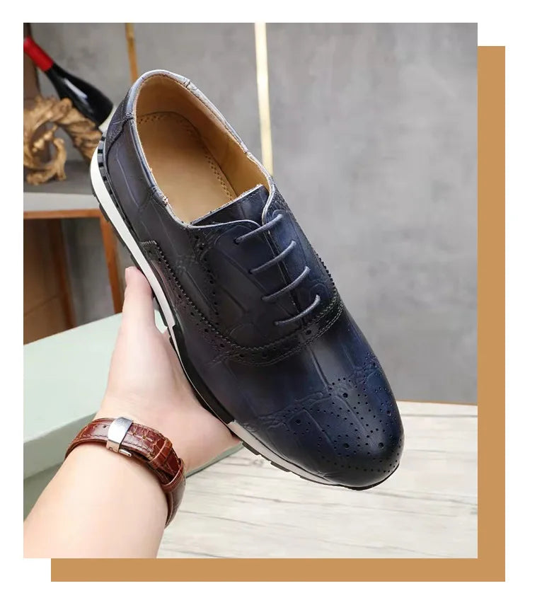Mens Sneaker Shoes Genuine Cow Leather Oxford Brogue Luxury Designer Lace Up Autumn Daily Casual Shoes for Men