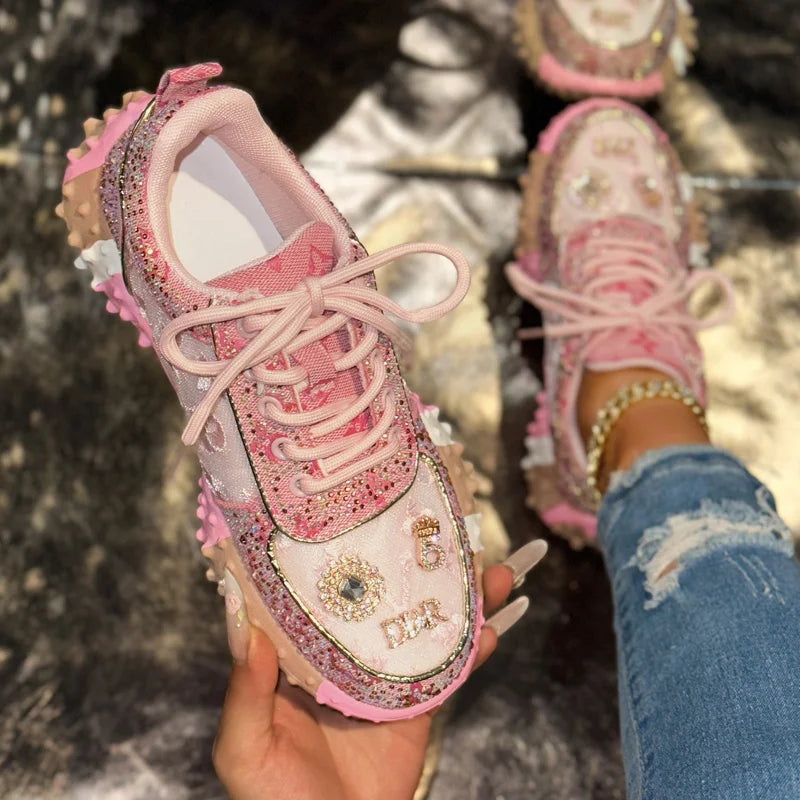 Luxury Designer Women's Sneakers Fashion Luxury Rhinestone Ladies Shoes 2025 New Outdoor Platform Female Sports Shoes Vulcanize
