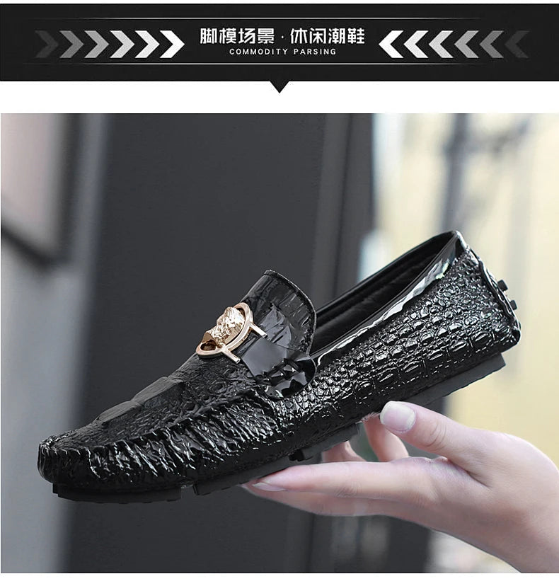 Slip-On Men's Shoes Crocodile Pattern 2025 Spring and Summer Fashion British Trendy Bright Leather Shiny Lazy Casual Beanie Shoes Handmade
