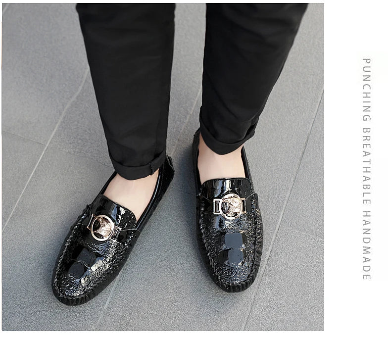 Slip-On Men's Shoes Crocodile Pattern 2025 Spring and Summer Fashion British Trendy Bright Leather Shiny Lazy Casual Beanie Shoes Handmade