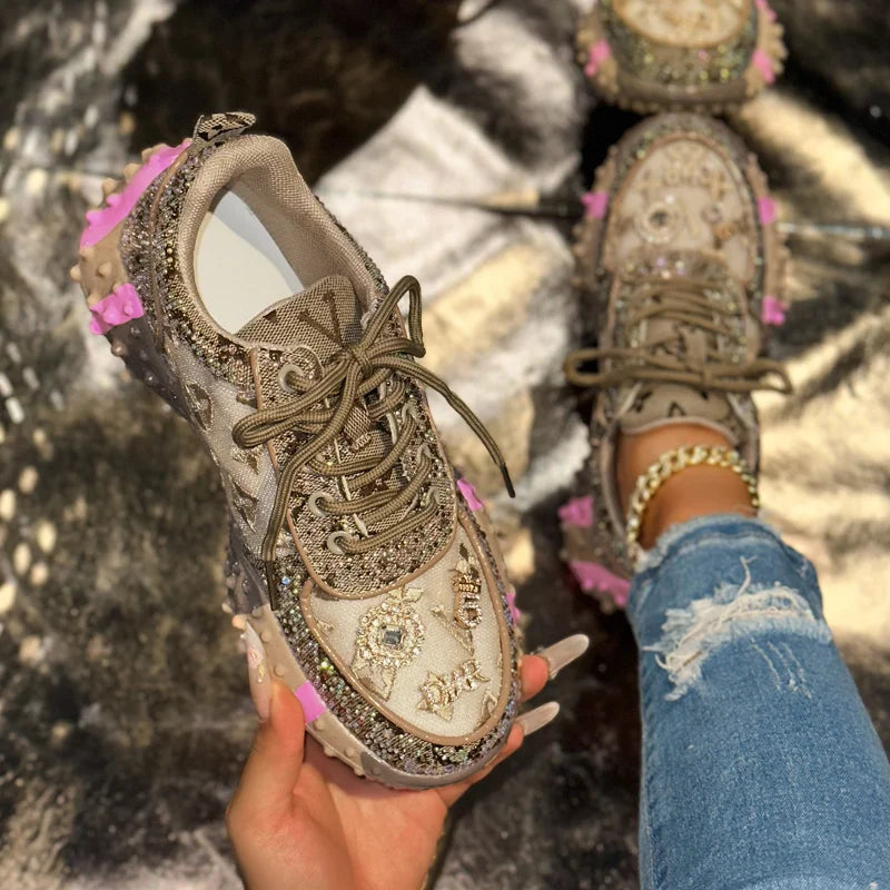 Luxury Designer Women's Sneakers Fashion Luxury Rhinestone Ladies Shoes 2025 New Outdoor Platform Female Sports Shoes Vulcanize