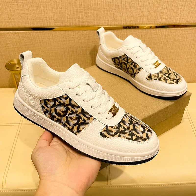 European New Shoes for Men Genuine Leather Patchwork Casual Shoes Trend Flat Skateboard Shoes Youth Cool Lace-up Sneakers