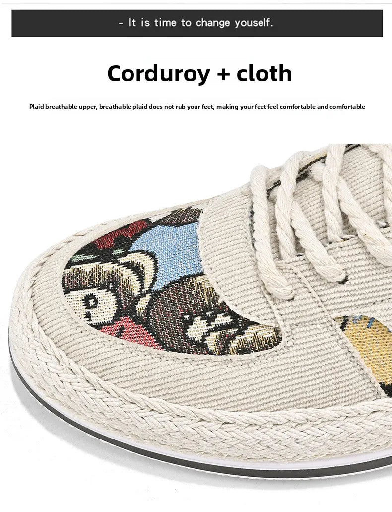 Men's Canvas Shoes Summer Breathable Sports Casual Work Shoes Soft Bottom Wear-resistant Corduroy Loafers Flat Rubber Sole