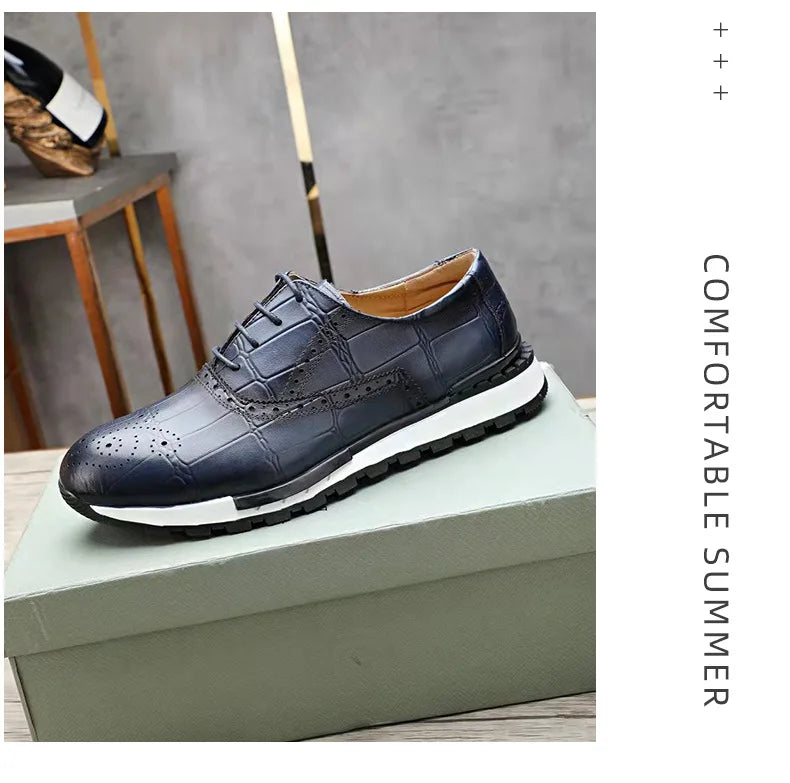 Mens Sneaker Shoes Genuine Cow Leather Oxford Brogue Luxury Designer Lace Up Autumn Daily Casual Shoes for Men