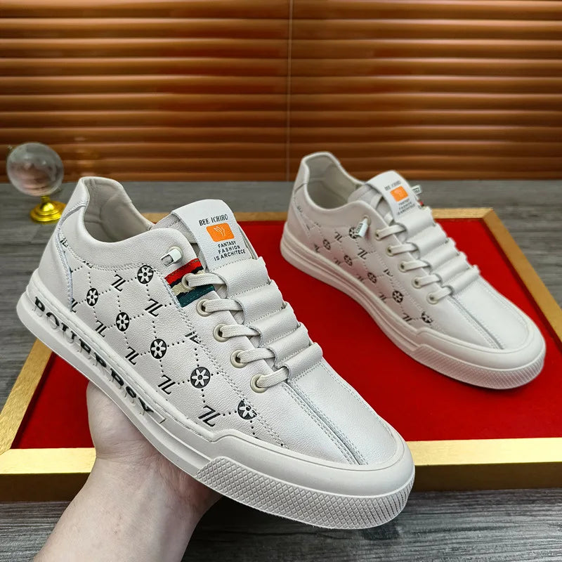 European New Shoes for Men Genuine Leather Casual Shoes Trend Print Flats Skateboard Shoes Youth Street Sneakers
