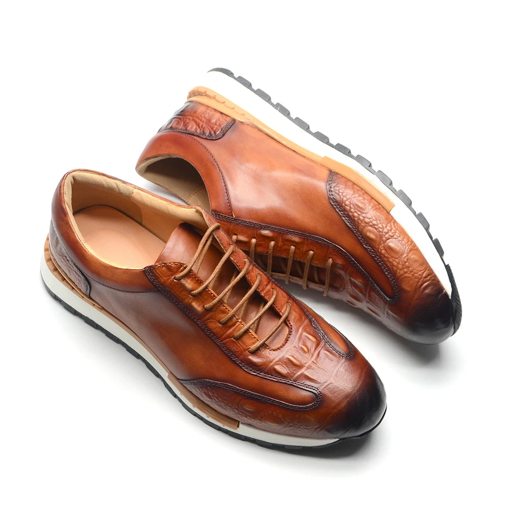 Men's Oxford Sneaker Cow Genuine Leather Crocodile Pattern Fashion Man Casual Shoes Lace-Up Business Office Walk Male Footwear