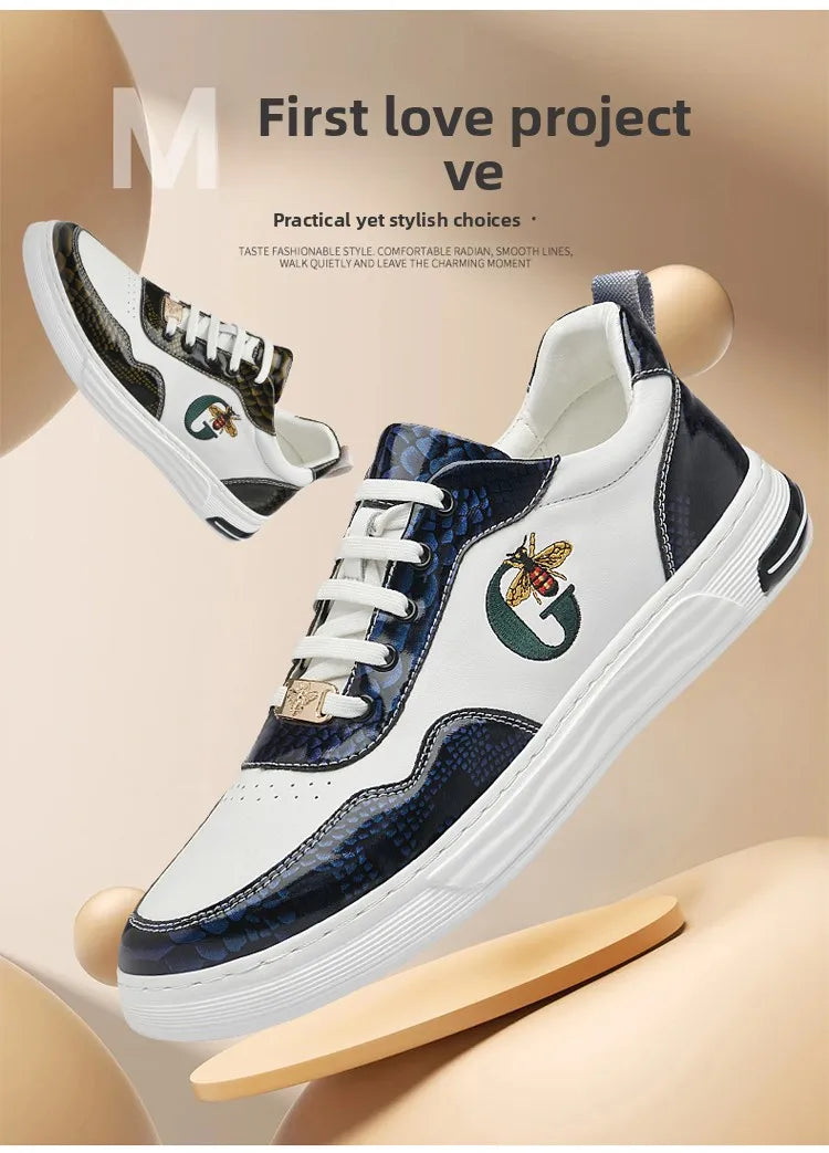 Italian Designer Men's Casual Bee Shoes, Luxurious and Fashionable Genuine Leather Business Shoes, Classic Sports Shoes
