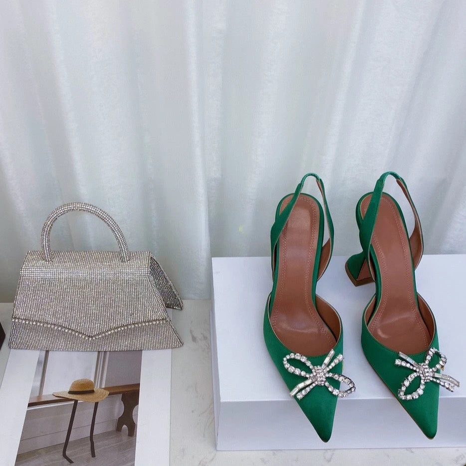 2023 New High Heels Women's Rhinestone Bow Pointy Glasses with Stilettos and Sandals Women.