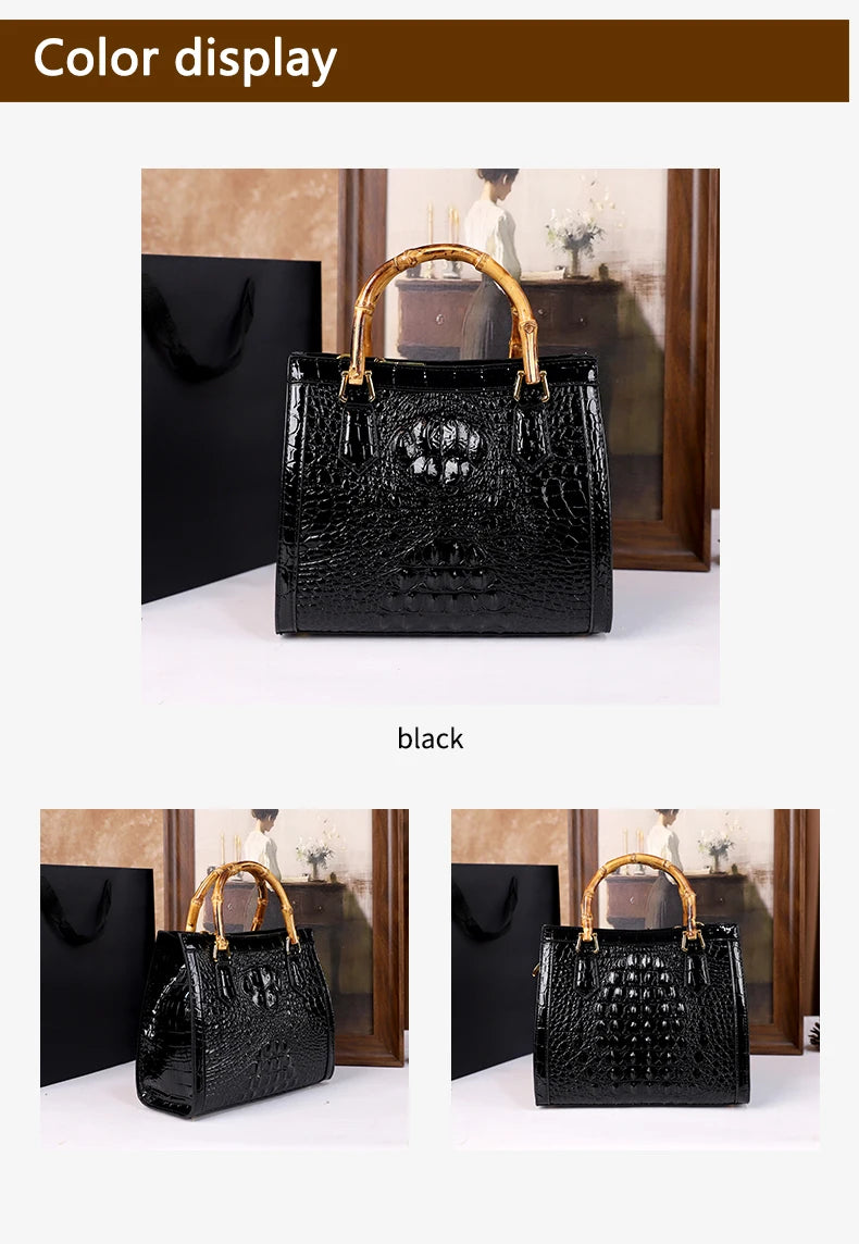 2025 New crocodile-patterned middle-aged mom bag, genuine bamboo joint handle handbag, high-end single-shoulder crossbody bag