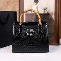 2025 New crocodile-patterned middle-aged mom bag, genuine bamboo joint handle handbag, high-end single-shoulder crossbody bag