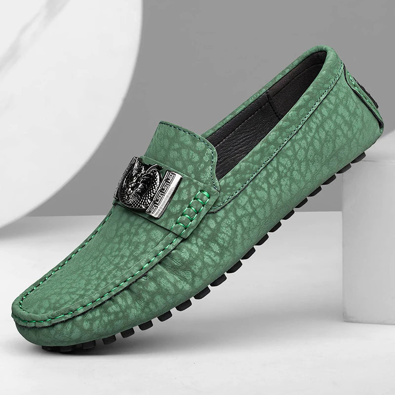 Designer Dragon Button Loafers Men's Comfortable Soft Bottom Black Fashion Flat Shoes Green Business Dress Driving Shoes for Man