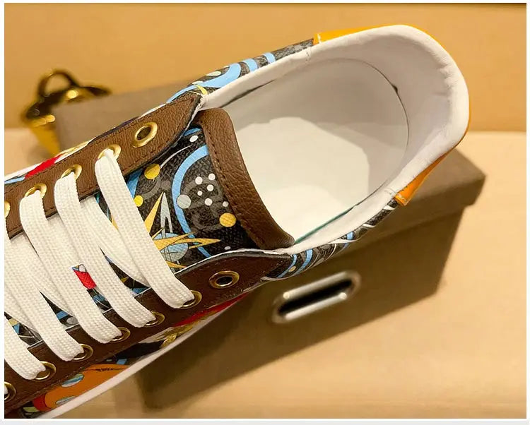 Faionable Casual oes Men's Leather Printed Flat Bot Sneakers Summer Season round Toe Rubber Outsole Glue-Welded Crt