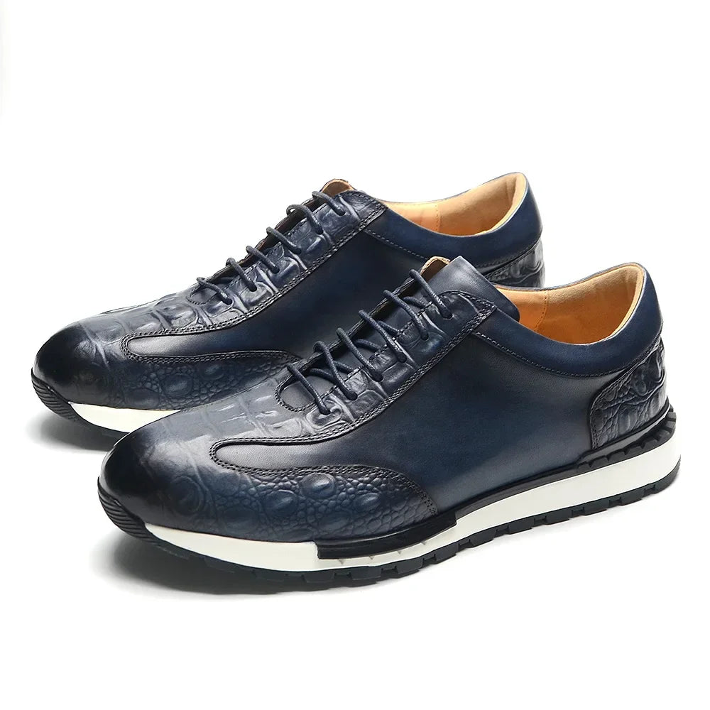 Men's Oxford Sneaker Cow Genuine Leather Crocodile Pattern Fashion Man Casual Shoes Lace-Up Business Office Walk Male Footwear
