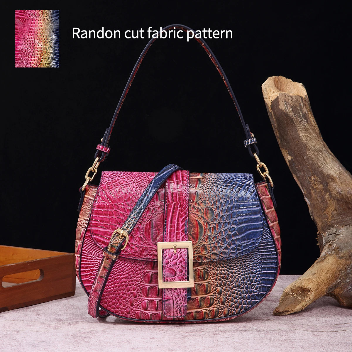Saddle bag with large buckle and crocodile pattern, colorful underarm bag, single shoulder bag with shoulder strap and crossbody
