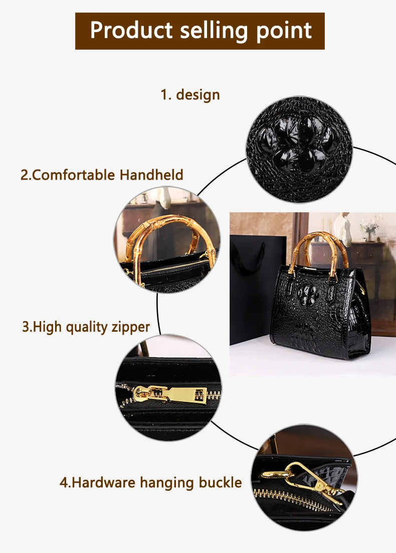 2025 New crocodile-patterned middle-aged mom bag, genuine bamboo joint handle handbag, high-end single-shoulder crossbody bag