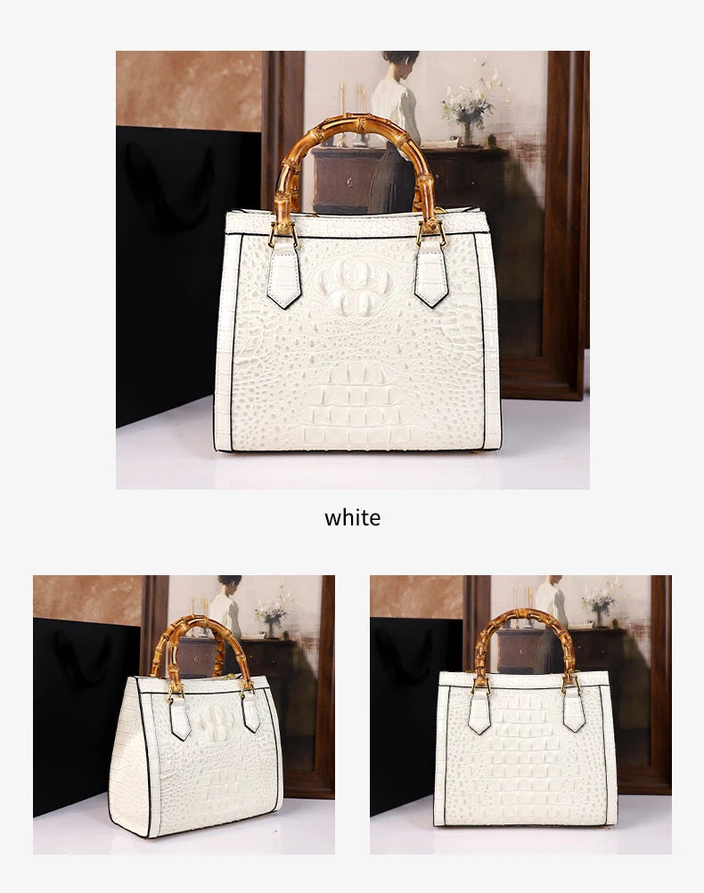 2025 New crocodile-patterned middle-aged mom bag, genuine bamboo joint handle handbag, high-end single-shoulder crossbody bag