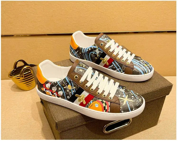 Faionable Casual oes Men's Leather Printed Flat Bot Sneakers Summer Season round Toe Rubber Outsole Glue-Welded Crt