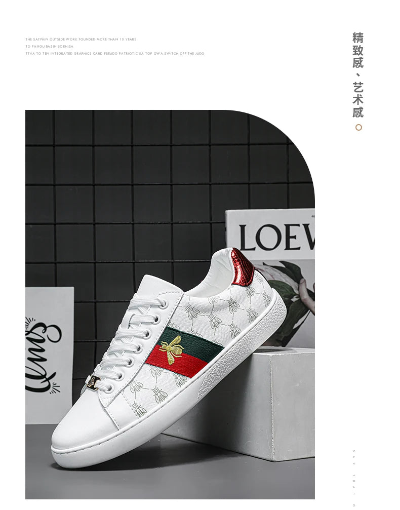 Brand Fashion Embroidered Bee Shoes Man Quality Genuine Leather Men's Skate Shoes Luxury Designer Sneakers zapatos de skateboard