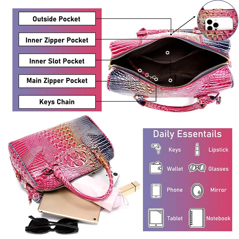 Top-Handle Crocodile Purses For Women Crossbody Leather Bags Trendy Large Capacity Tote with Shoulder Strap Lady Commuting Bags