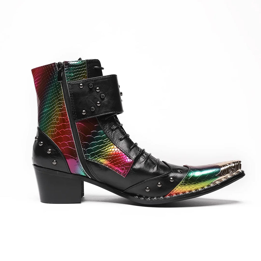 HS41 Handmade Cool Genuine Leather Ankle Men's Boots Pointed Toe Punk Motorcycle Black Boots for Man Big Sizes