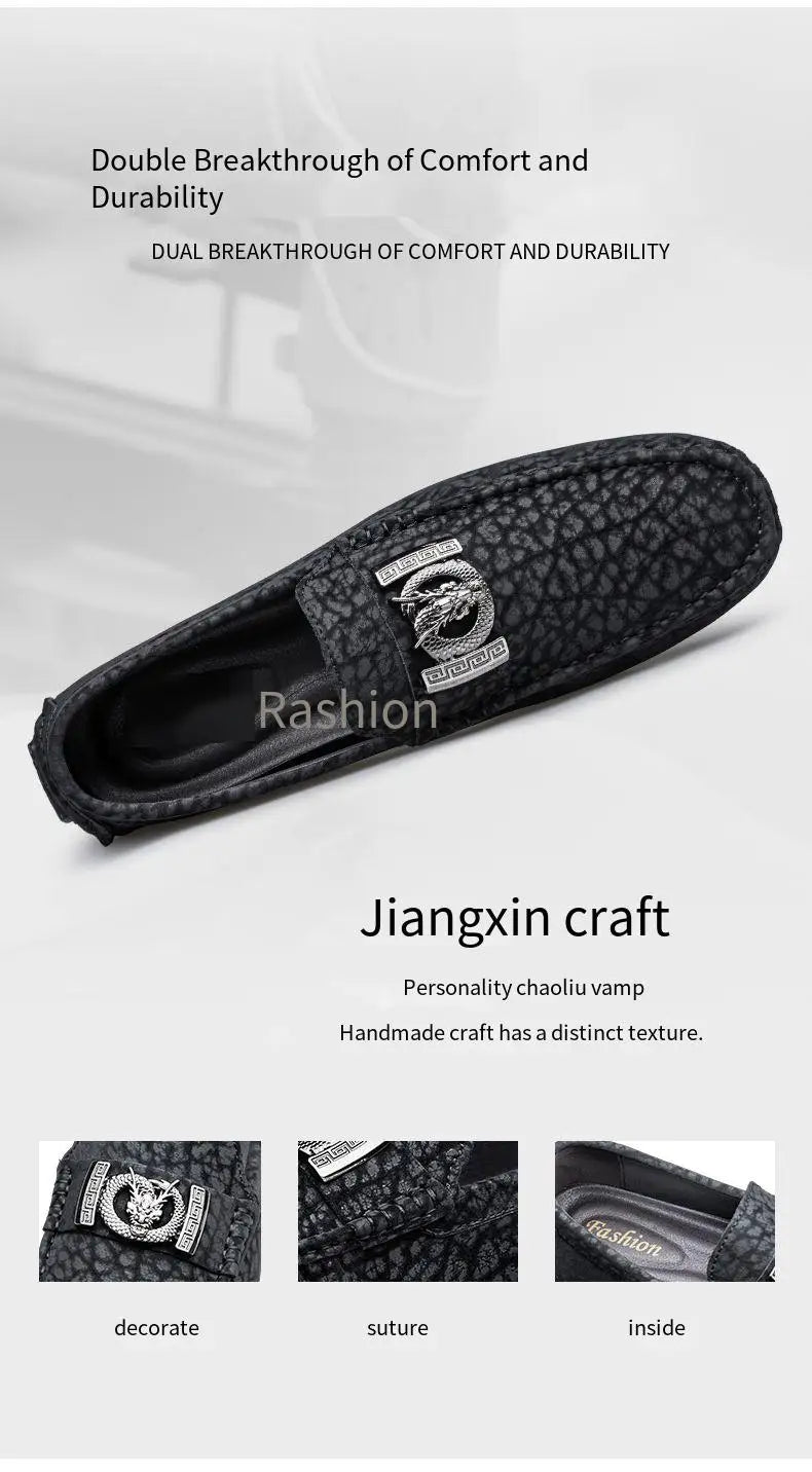 Designer Dragon Button Loafers Men's Comfortable Soft Bottom Black Fashion Flat Shoes Green Business Dress Driving Shoes for Man