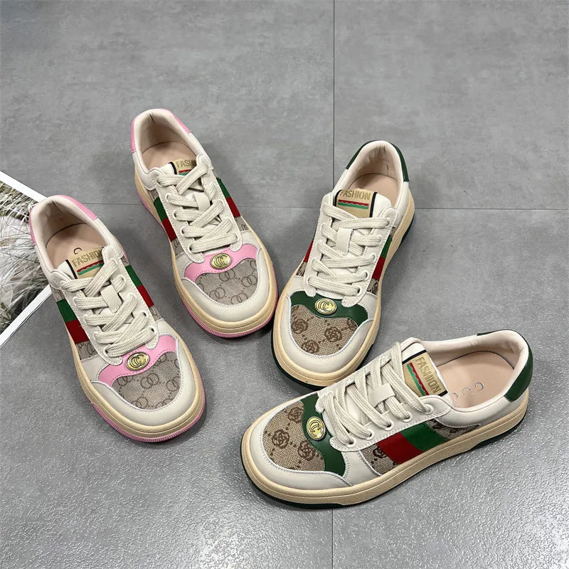 Hong Kong Women's Color Blo Board oes Spring Autumn New Thi Bot Genuine Leather Versatile White Sneakers Dir Sport...