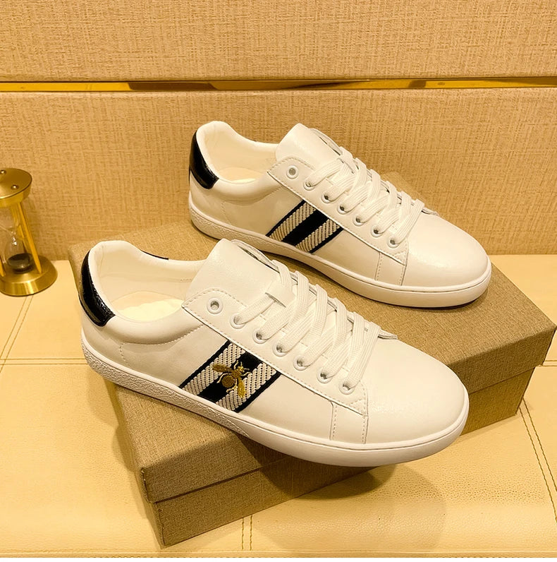 Brand Fashion Embroidered Bee Shoes Man Quality Genuine Leather Men's Skate Shoes Luxury Designer Sneakers zapatos de skateboard