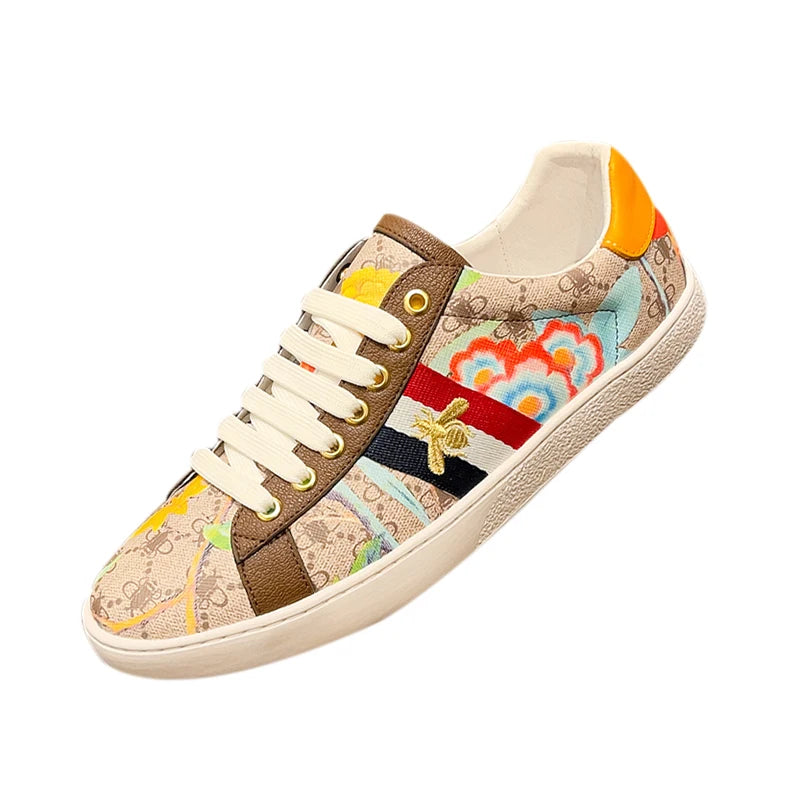 Faionable Casual oes Men's Leather Printed Flat Bot Sneakers Summer Season round Toe Rubber Outsole Glue-Welded Crt