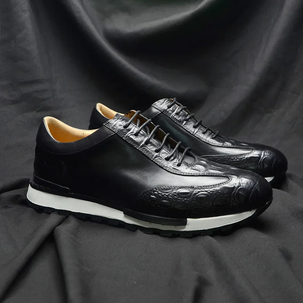 Men's Oxford Sneaker Cow Genuine Leather Crocodile Pattern Fashion Man Casual Shoes Lace-Up Business Office Walk Male Footwear
