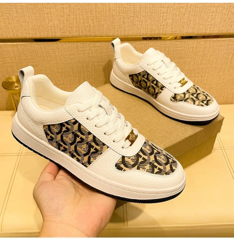 European New Shoes for Men Genuine Leather Patchwork Casual Shoes Trend Flat Skateboard Shoes Youth Cool Lace-up Sneakers