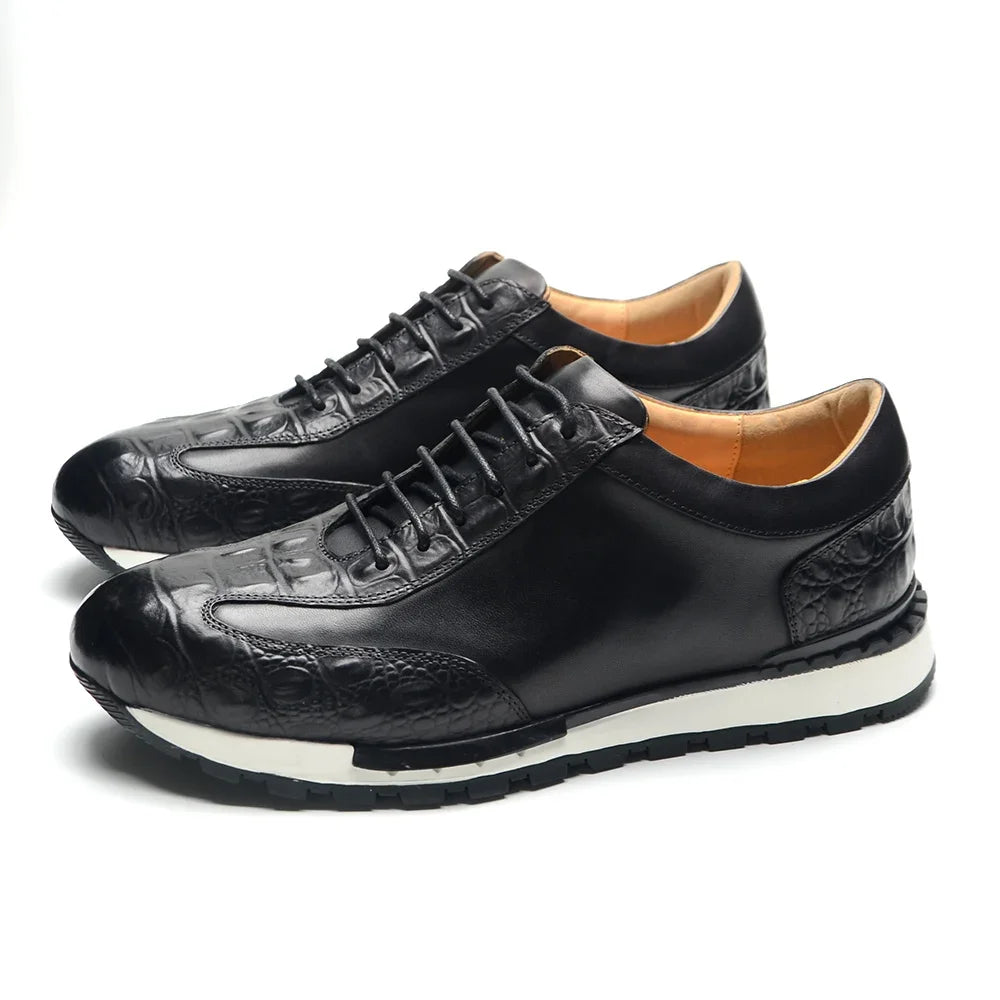 Men's Oxford Sneaker Cow Genuine Leather Crocodile Pattern Fashion Man Casual Shoes Lace-Up Business Office Walk Male Footwear