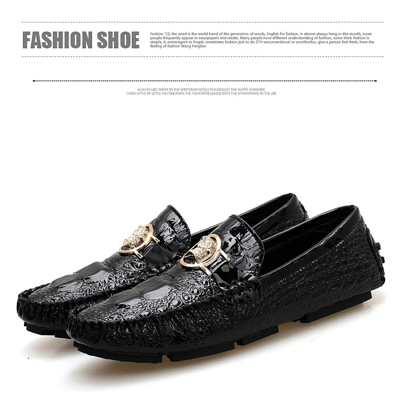 Slip-On Men's Shoes Crocodile Pattern 2025 Spring and Summer Fashion British Trendy Bright Leather Shiny Lazy Casual Beanie Shoes Handmade