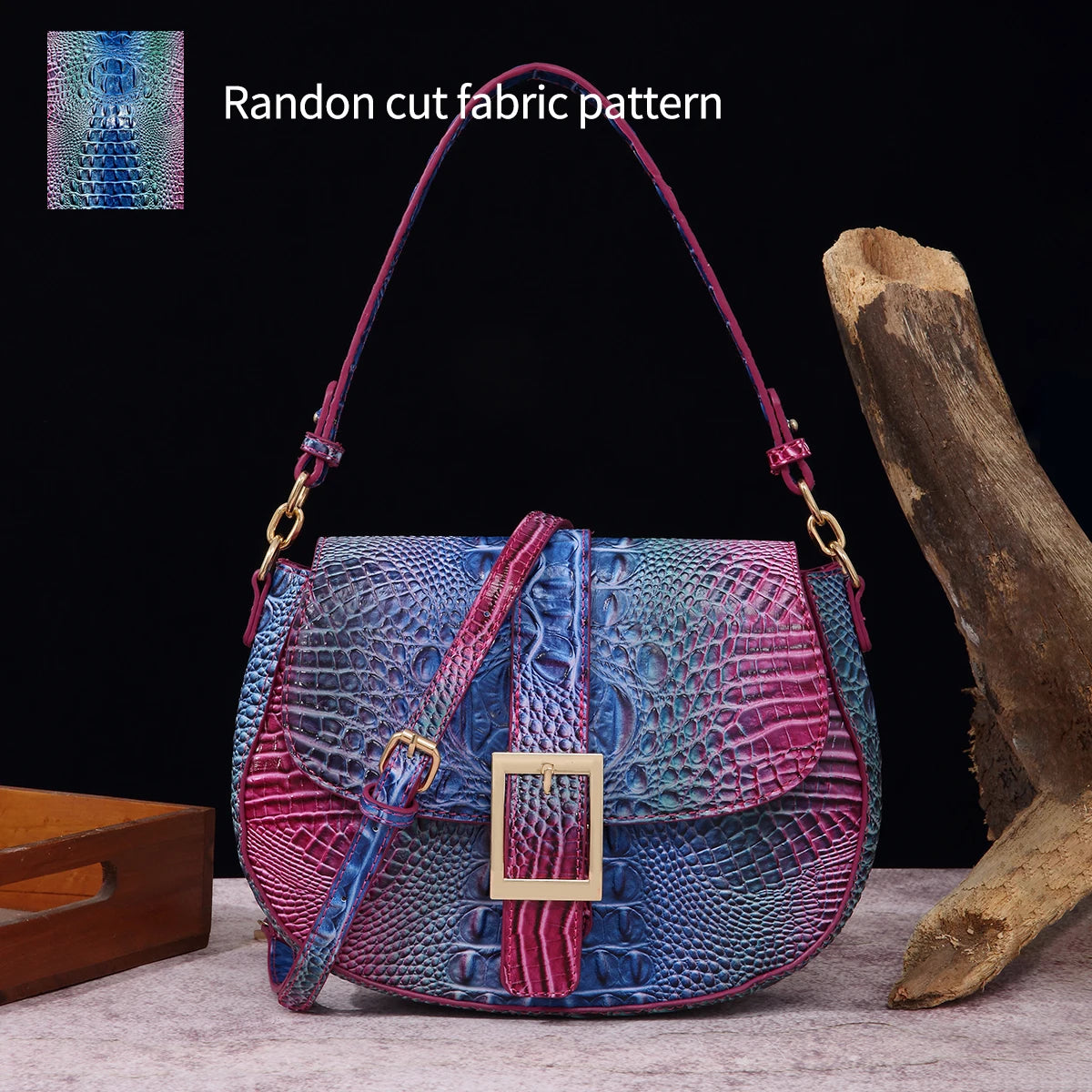 Saddle bag with large buckle and crocodile pattern, colorful underarm bag, single shoulder bag with shoulder strap and crossbody