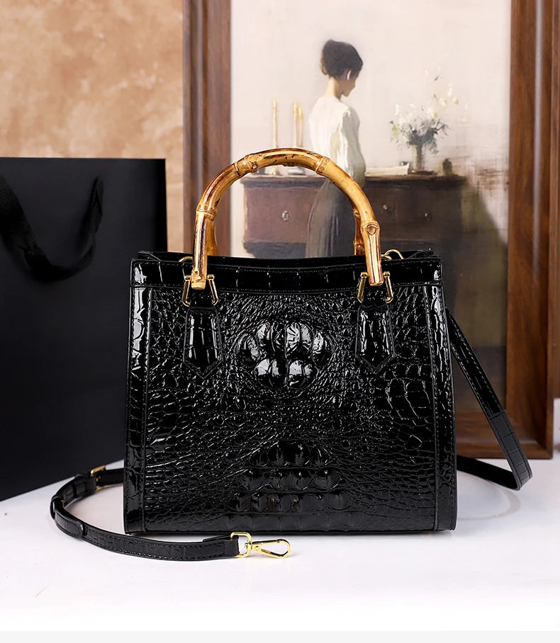 2025 New crocodile-patterned middle-aged mom bag, genuine bamboo joint handle handbag, high-end single-shoulder crossbody bag