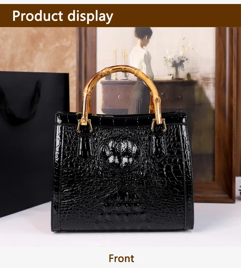 2025 New crocodile-patterned middle-aged mom bag, genuine bamboo joint handle handbag, high-end single-shoulder crossbody bag