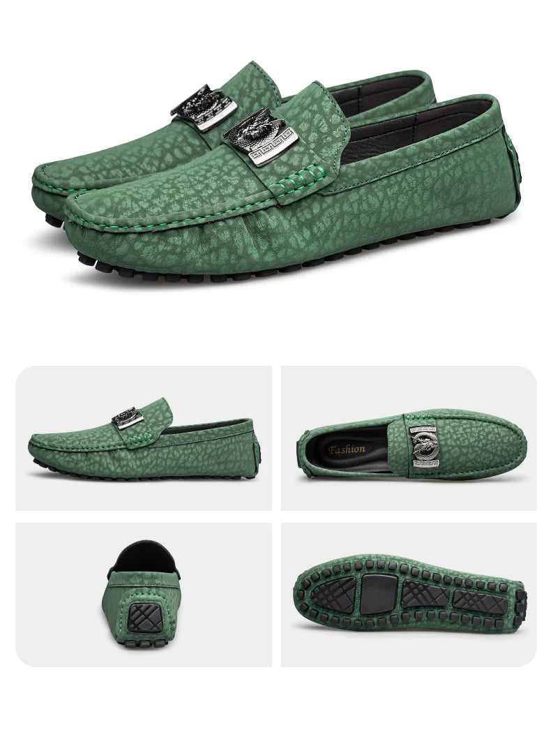 Designer Dragon Button Loafers Men's Comfortable Soft Bottom Black Fashion Flat Shoes Green Business Dress Driving Shoes for Man