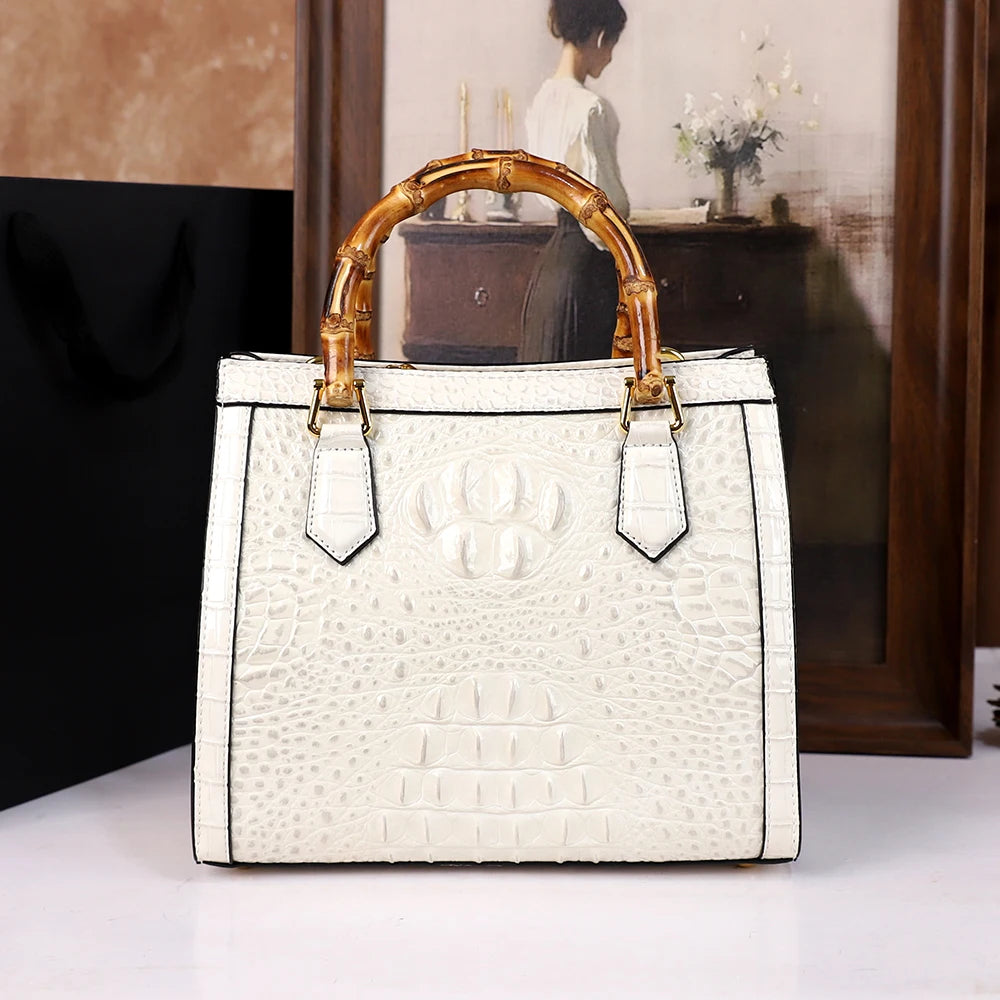 2025 New crocodile-patterned middle-aged mom bag, genuine bamboo joint handle handbag, high-end single-shoulder crossbody bag