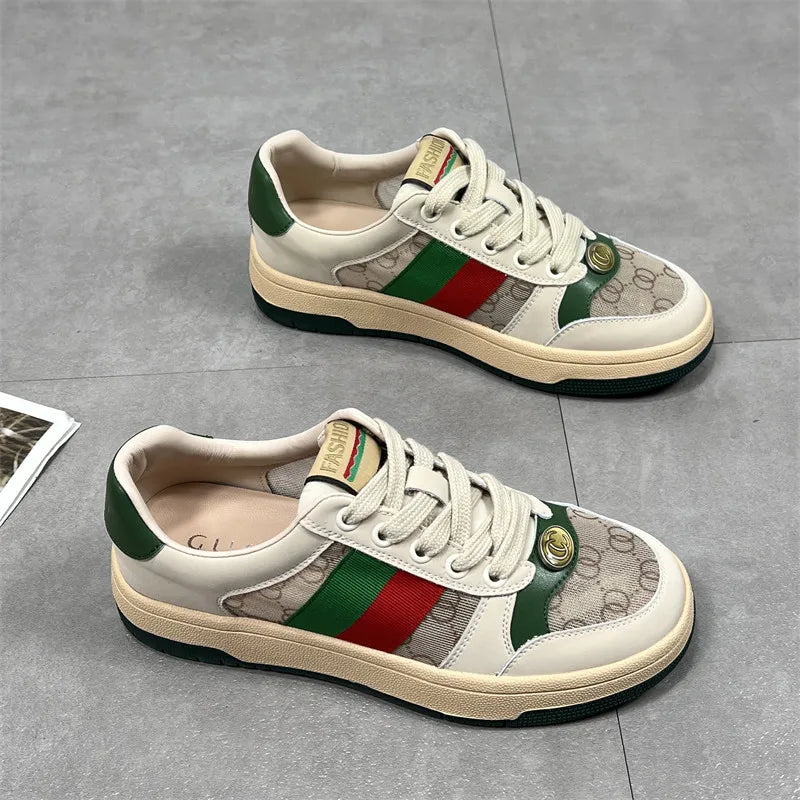 Hong Kong Women's Color Blo Board oes Spring Autumn New Thi Bot Genuine Leather Versatile White Sneakers Dir Sport...