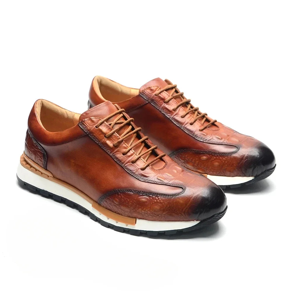 Men's Oxford Sneaker Cow Genuine Leather Crocodile Pattern Fashion Man Casual Shoes Lace-Up Business Office Walk Male Footwear