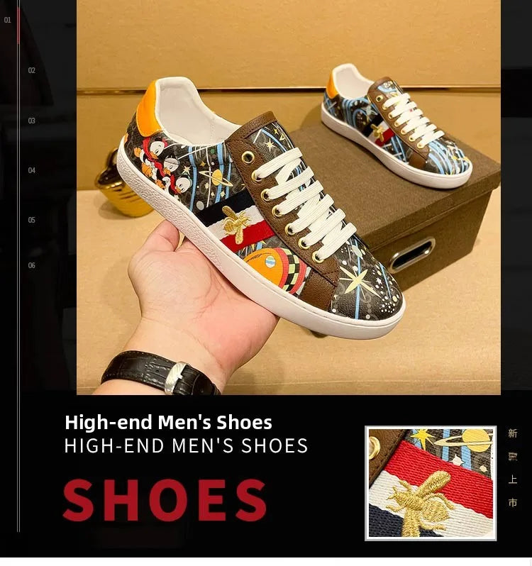 Faionable Casual oes Men's Leather Printed Flat Bot Sneakers Summer Season round Toe Rubber Outsole Glue-Welded Crt