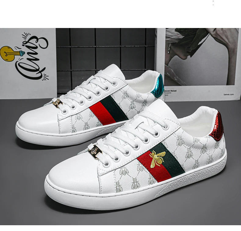Brand Fashion Embroidered Bee Shoes Man Quality Genuine Leather Men's Skate Shoes Luxury Designer Sneakers zapatos de skateboard
