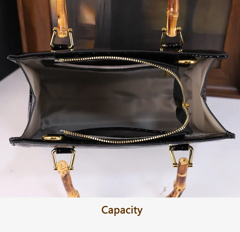 2025 New crocodile-patterned middle-aged mom bag, genuine bamboo joint handle handbag, high-end single-shoulder crossbody bag