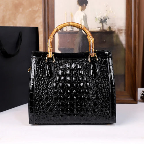 2025 New crocodile-patterned middle-aged mom bag, genuine bamboo joint handle handbag, high-end single-shoulder crossbody bag