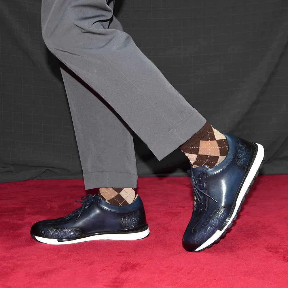 Men's Oxford Sneaker Cow Genuine Leather Crocodile Pattern Fashion Man Casual Shoes Lace-Up Business Office Walk Male Footwear