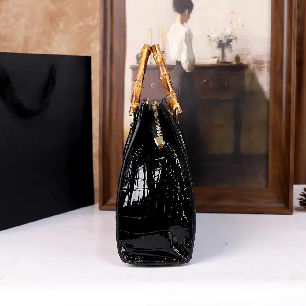 2025 New crocodile-patterned middle-aged mom bag, genuine bamboo joint handle handbag, high-end single-shoulder crossbody bag