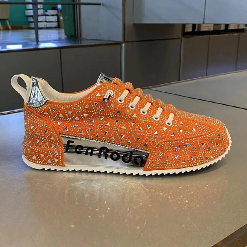 Luxury New Designer Men's Charm Rhinestone Lace Up All Match Platform Causal Shoes Male Flats Moccasins Walking Sneakers Zapatos