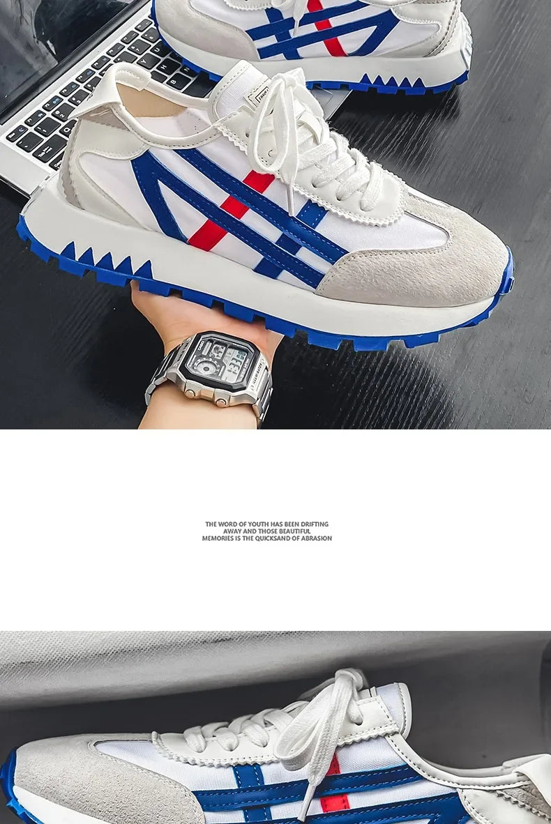 Men's classic running shoes with lace up flat bottom, sports soft sole, breathable walking canvas, Forrest Gump