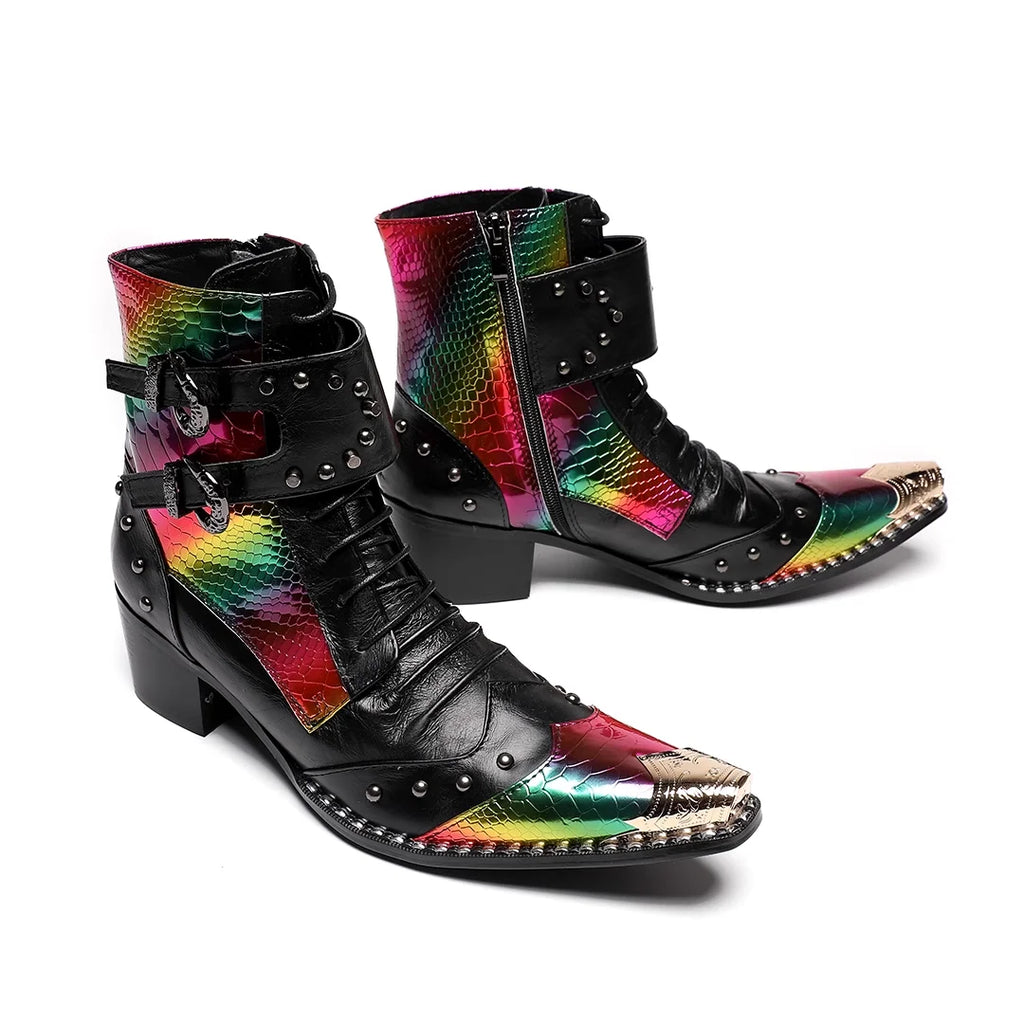 HS41 Handmade Cool Genuine Leather Ankle Men's Boots Pointed Toe Punk Motorcycle Black Boots for Man Big Sizes